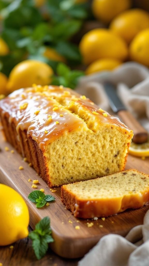 A loaf of zesty lemon banana bread with a glossy lemon glaze, garnished with lemon zest and mint leaves, surrounded by fresh lemons.