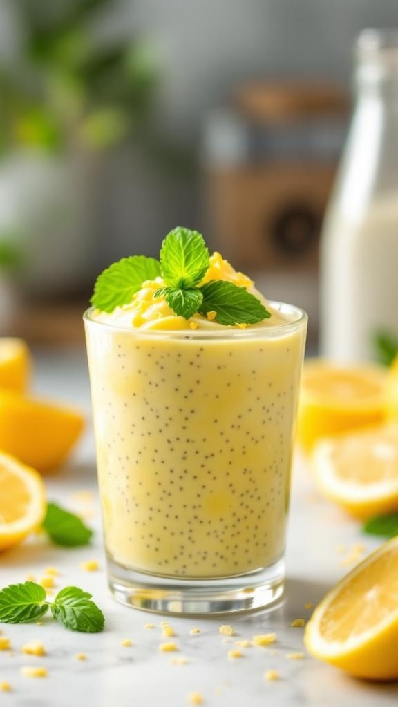 A glass of zesty lemon chia seed pudding topped with mint leaves and lemon zest, surrounded by lemon halves.