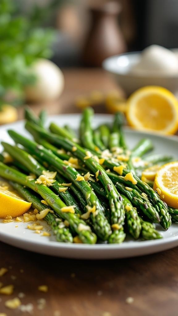 Zesty lemon garlic asparagus served on a plate with lemon slices.