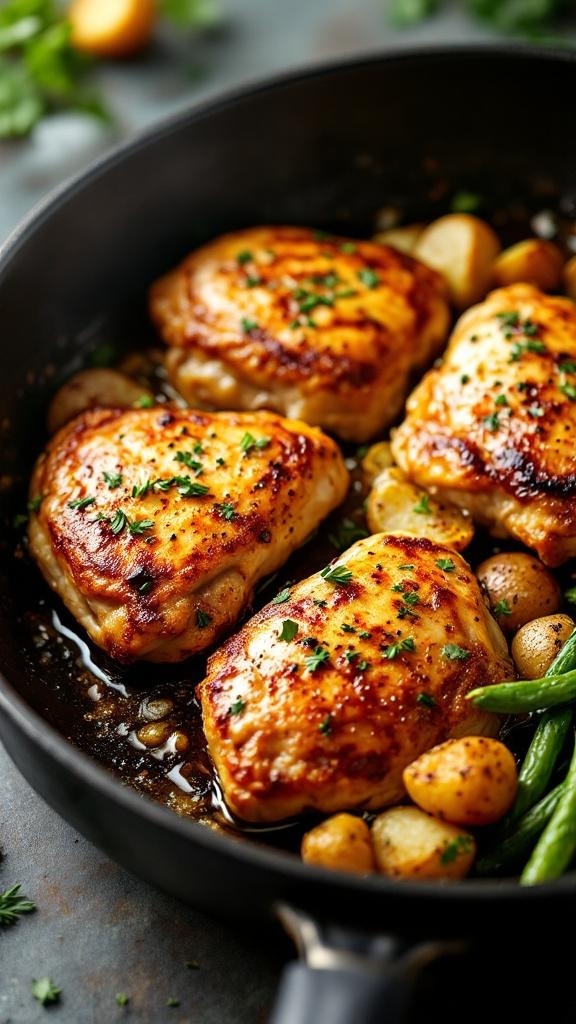 A pan with golden-brown chicken thighs, baby potatoes, and green beans, garnished with parsley.