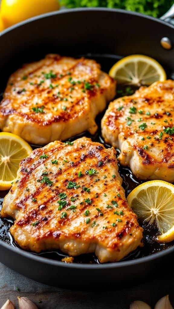 Grilled pork chops with lemon slices and parsley in a skillet