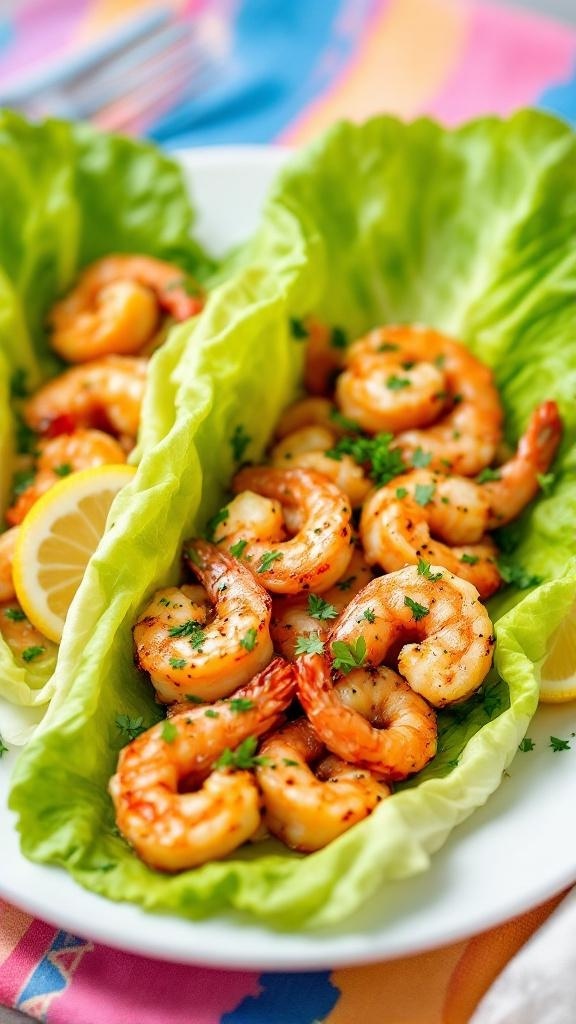Lettuce wraps filled with lemon garlic shrimp, garnished with parsley