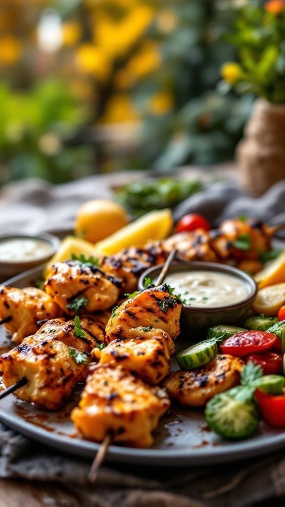 Delicious lemon herb chicken skewers served with fresh vegetables and dipping sauce.