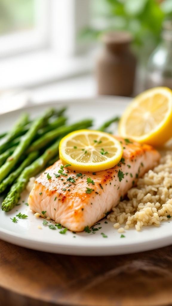 Zesty lemon herb salmon served with asparagus and brown rice on a plate.