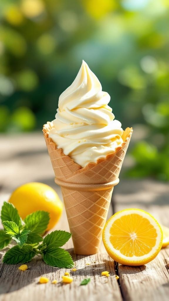A delicious cone of lemon yogurt ice cream with fresh lemons and mint leaves.