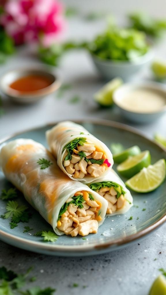 Zesty Lemongrass Chicken Spring Rolls with dipping sauce and lime wedges