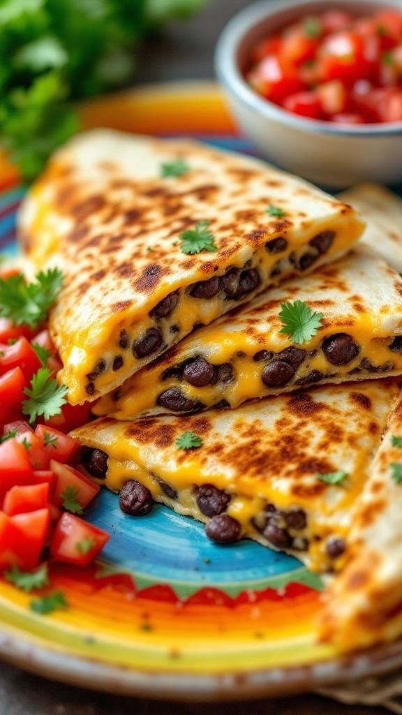 Zesty salsa and black bean quesadillas served with fresh tomatoes and cilantro.