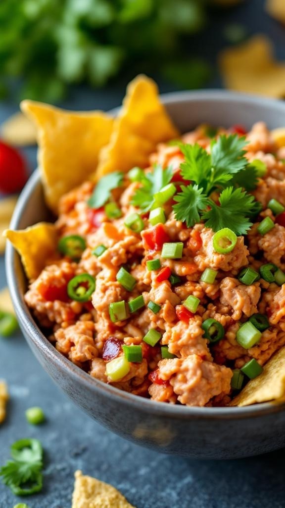 A bowl of zesty spicy tuna salad topped with green onions and cilantro, served with tortilla chips.