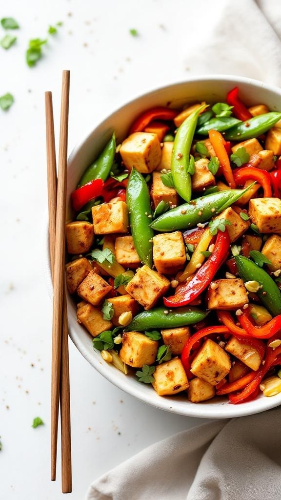 A colorful bowl of zesty tofu and vegetable stir-fry with chopsticks.