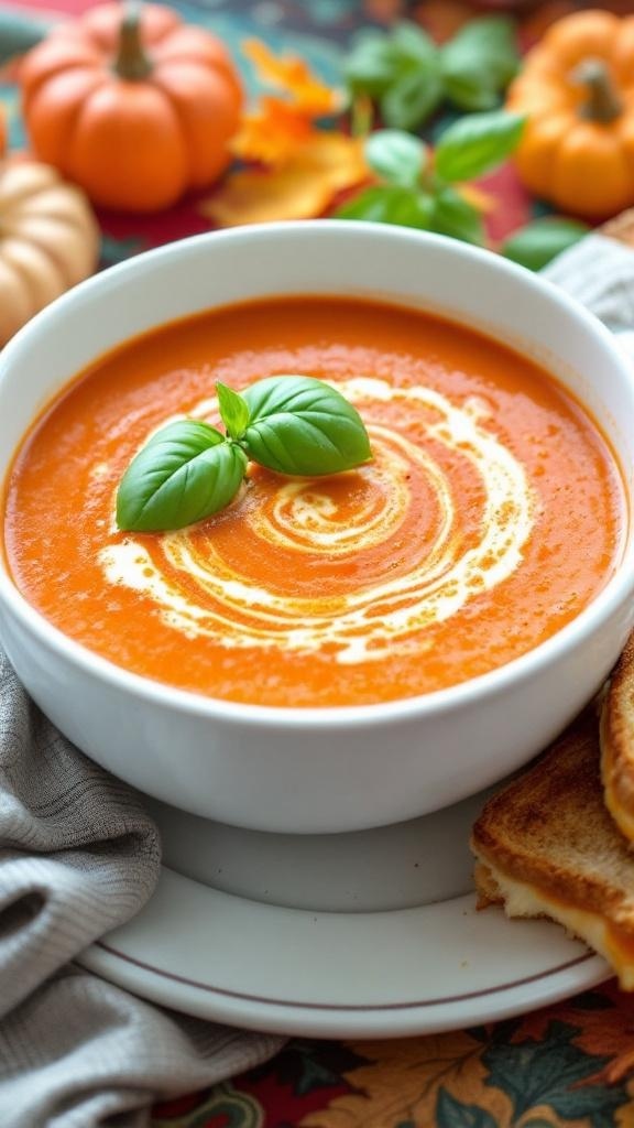 A bowl of zesty tomato basil soup garnished with fresh basil leaves, accompanied by grilled cheese sandwiches.