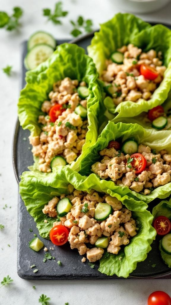 Zesty Tuna Salad Lettuce Wraps with diced cucumbers and cherry tomatoes