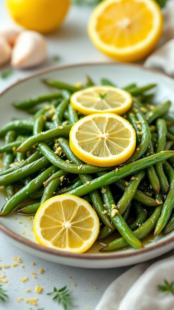 A plate of lemon garlic green beans garnished with lemon slices.