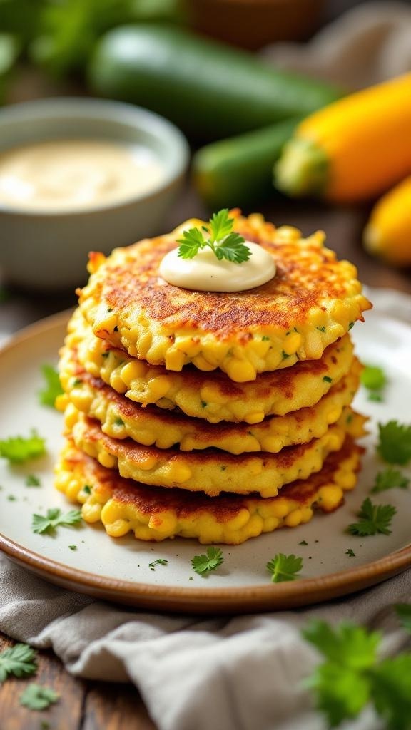 A stack of zucchini and corn fritters topped with a dollop of sauce and garnished with herbs.