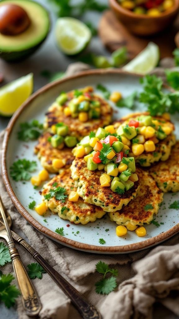 A plate of zucchini and corn fritters topped with avocado salsa, garnished with cilantro and lime wedges.