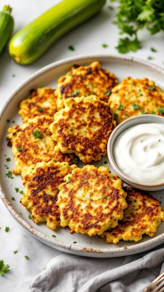 A plate of crispy zucchini fritters served with a small bowl of yogurt, garnished with fresh herbs.