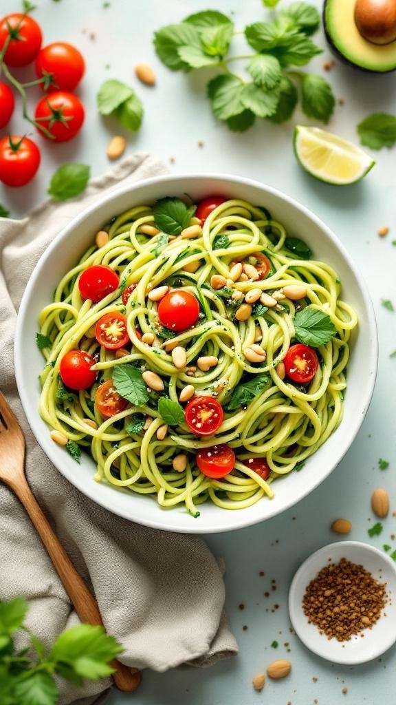 A bowl of zucchini noodles topped with avocado pesto, cherry tomatoes, and pine nuts, surrounded by fresh ingredients.