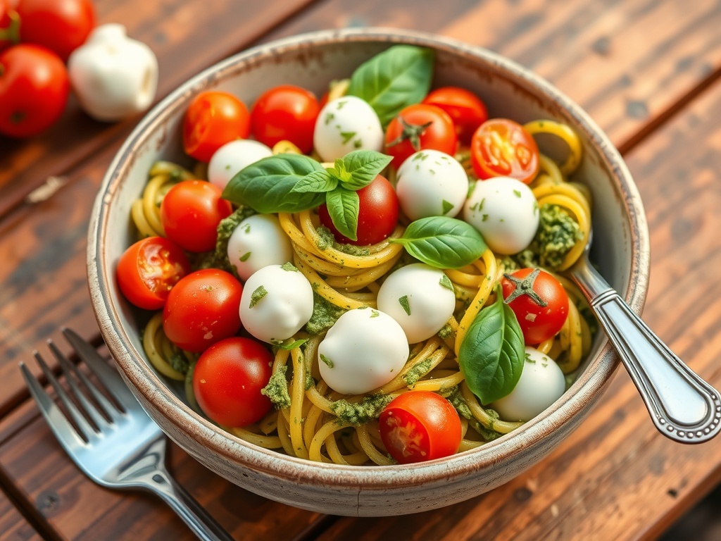 Classic Pesto Pasta Salad Recipe A colorful pesto pasta salad with cherry tomatoes, mozzarella, and basil in a rustic bowl on a wooden table.