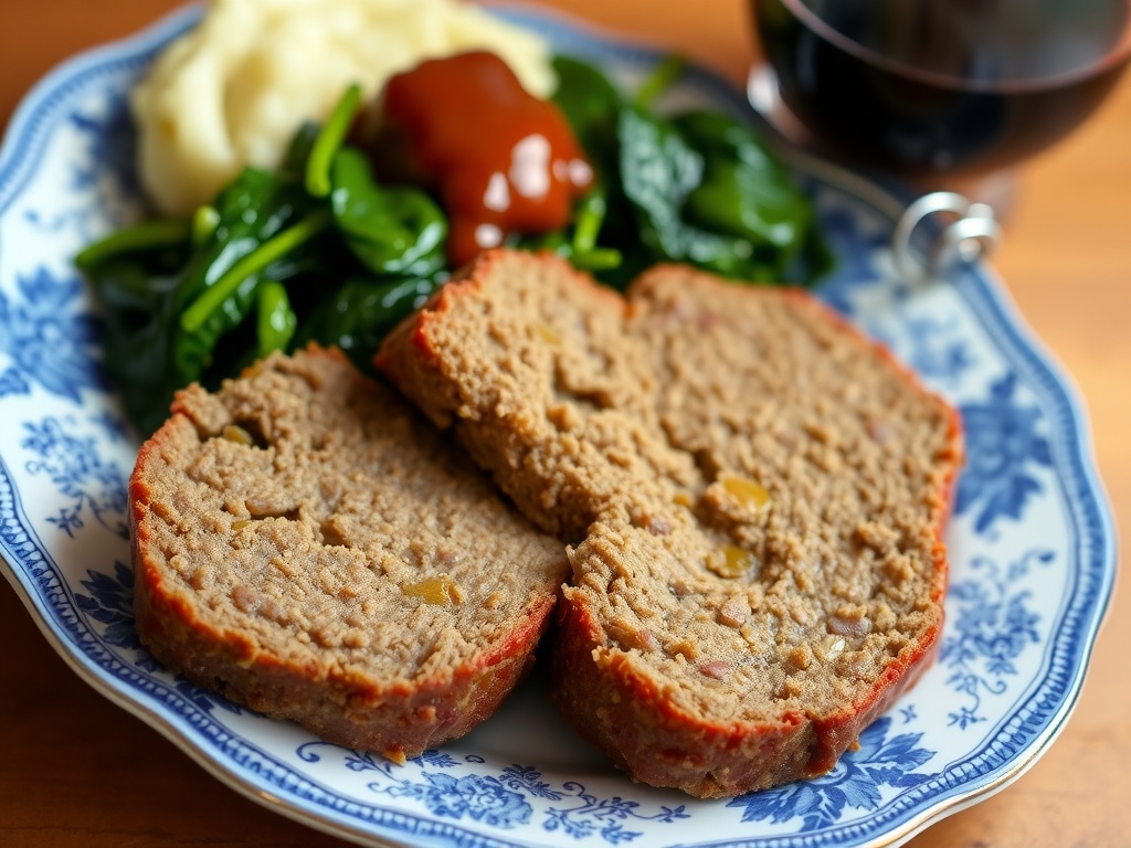 Classic Easy Meatloaf Recipe Sliced meatloaf with ketchup glaze on a cutting board, served with mashed potatoes and green beans.