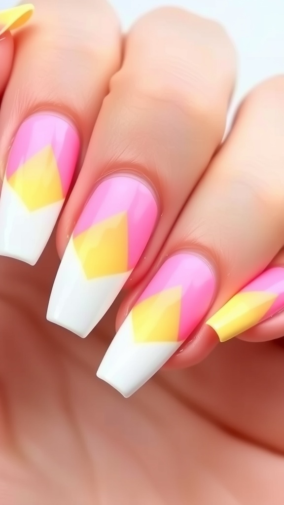 Close-up of nails featuring a white base with bold yellow tips.