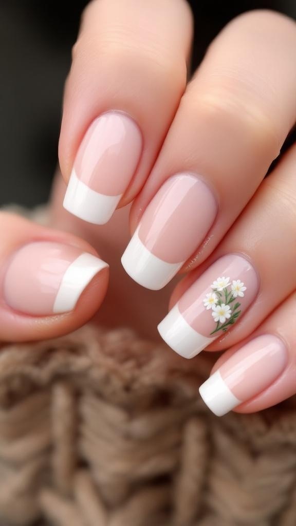 A hand with colorful nails featuring a classic French tip, floral designs, and bright colors.