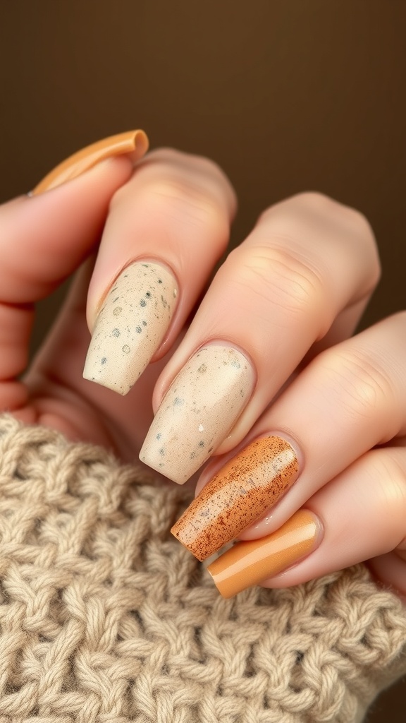 Close-up of a hand with earthy toned nails featuring glitter and a textured finish.