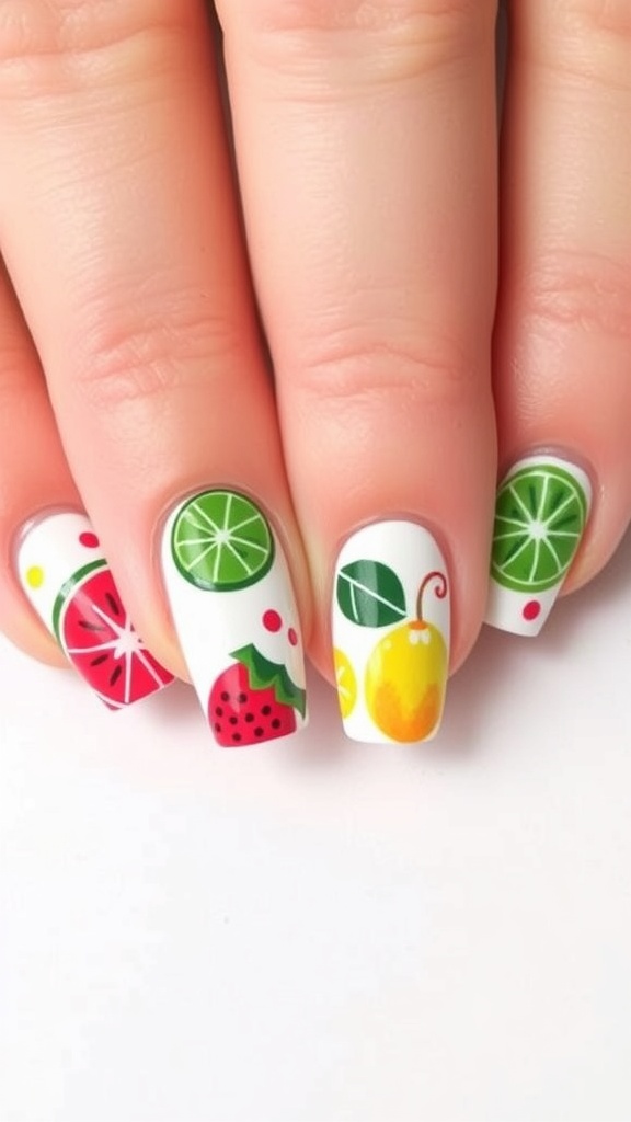 Nail art featuring watermelon and lemon designs on manicured nails.
