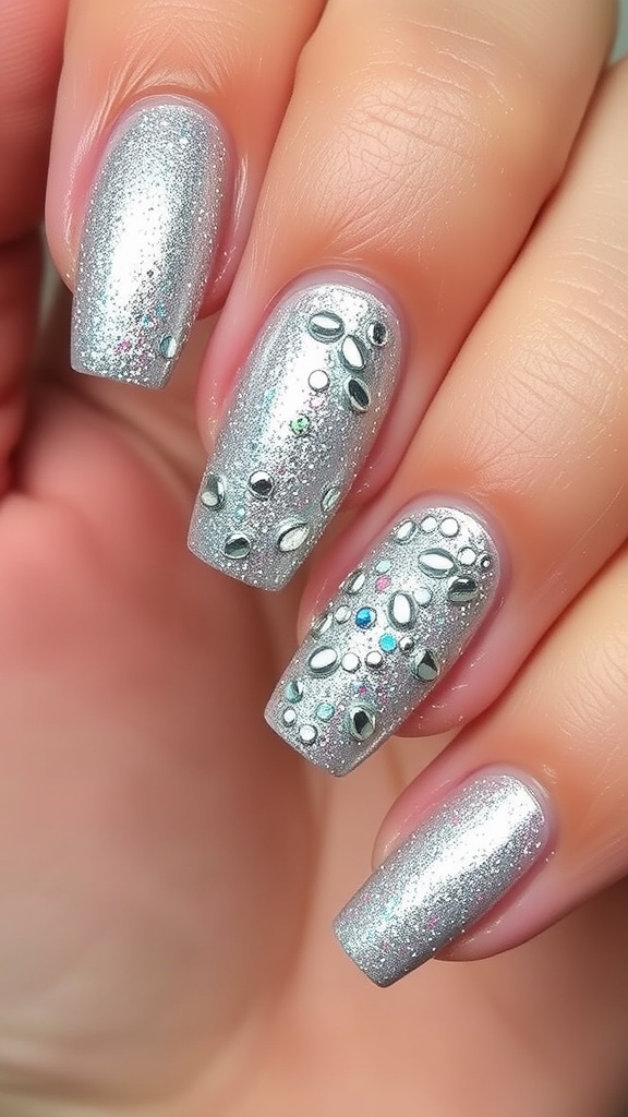 Close-up of nails featuring metallic accents and glitter.