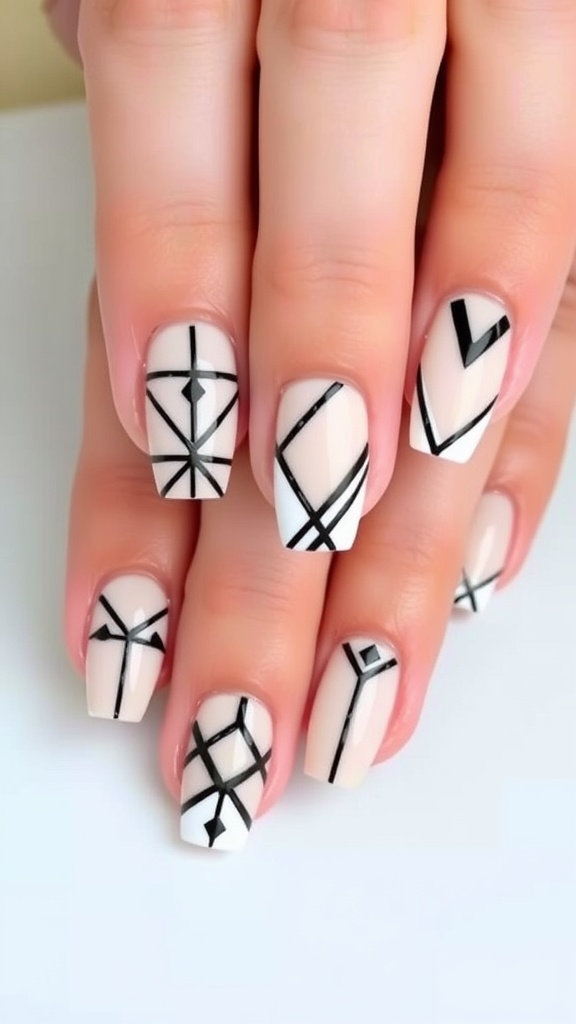 Nails featuring minimalist geometric patterns in black and white.
