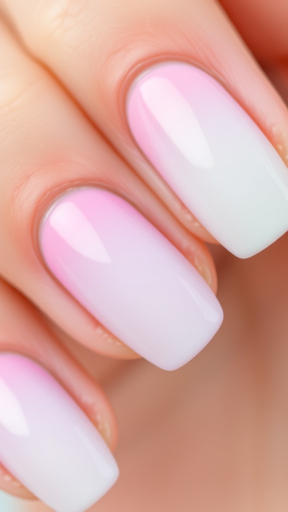 Close-up of pastel ombre nails in pink and white shades.