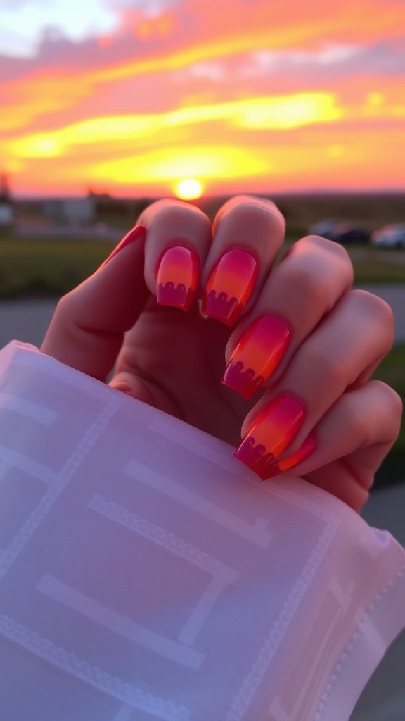 A hand with sunset gradient nails featuring warm colors against a sunset background.
