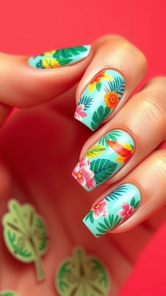 Colorful tropical floral nail designs on a bright background.