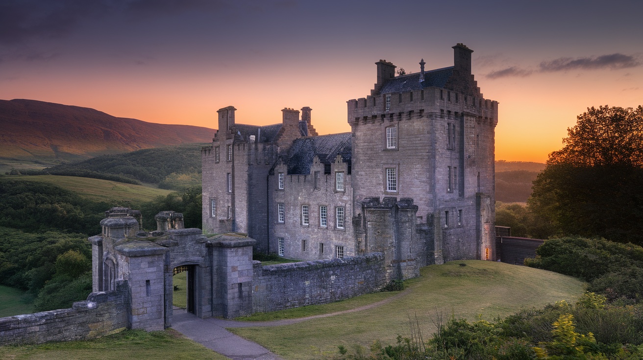 A beautiful Scottish Highland castle during sunset with rolling hills in the background.