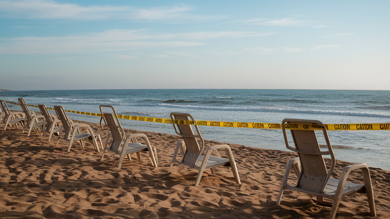 A beach in Acapulco with colorful chairs and tables, highlighting its scenic appeal despite safety concerns.