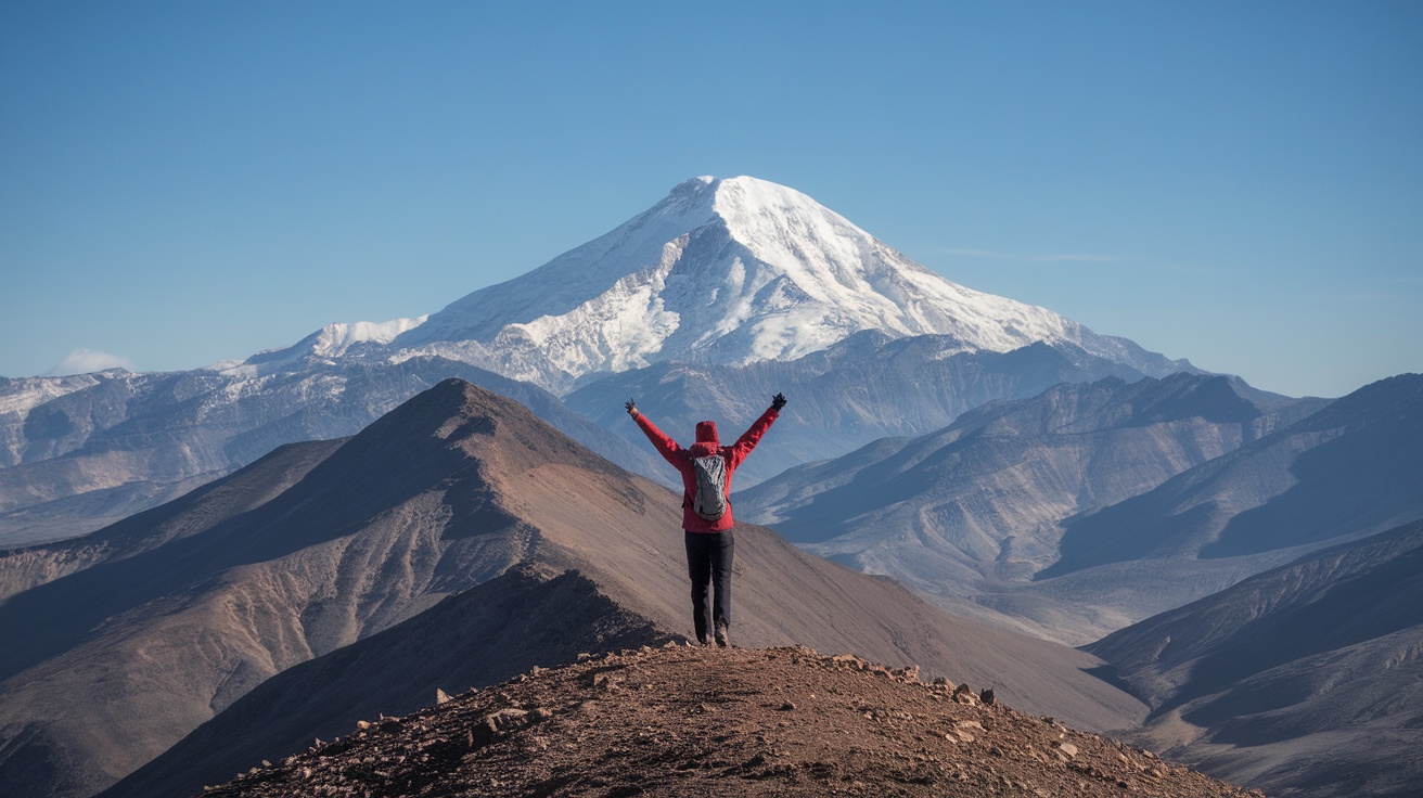 A person standing on a mountain peak with arms raised, celebrating their achievement against a backdrop of snow-capped mountains.