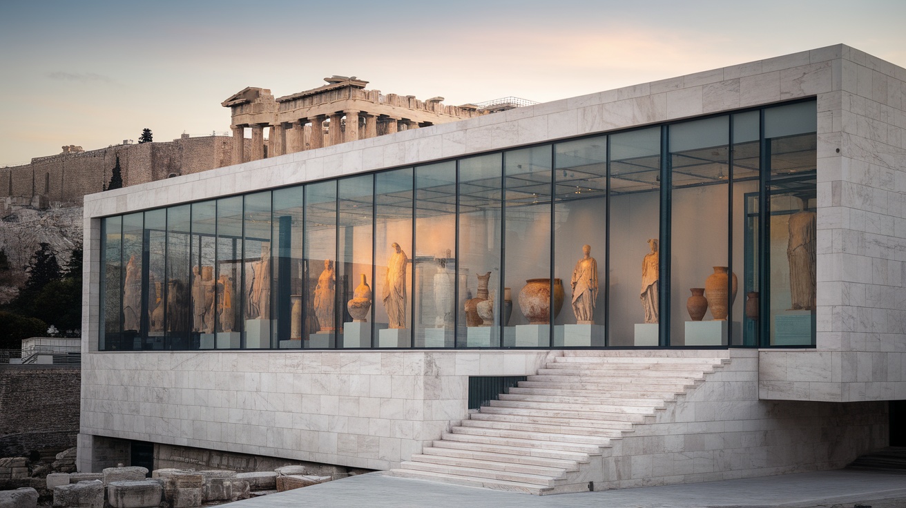 Exterior view of the Acropolis Museum with ancient statues and the Acropolis in the background.