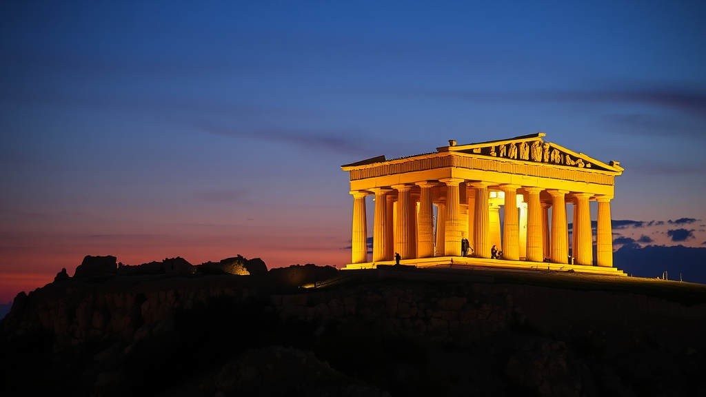 The Acropolis of Athens illuminated at sunset, showcasing its ancient architecture.