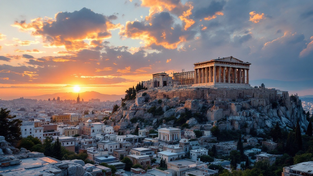 The Acropolis of Athens at sunset, showcasing the Parthenon and surrounding cityscape.