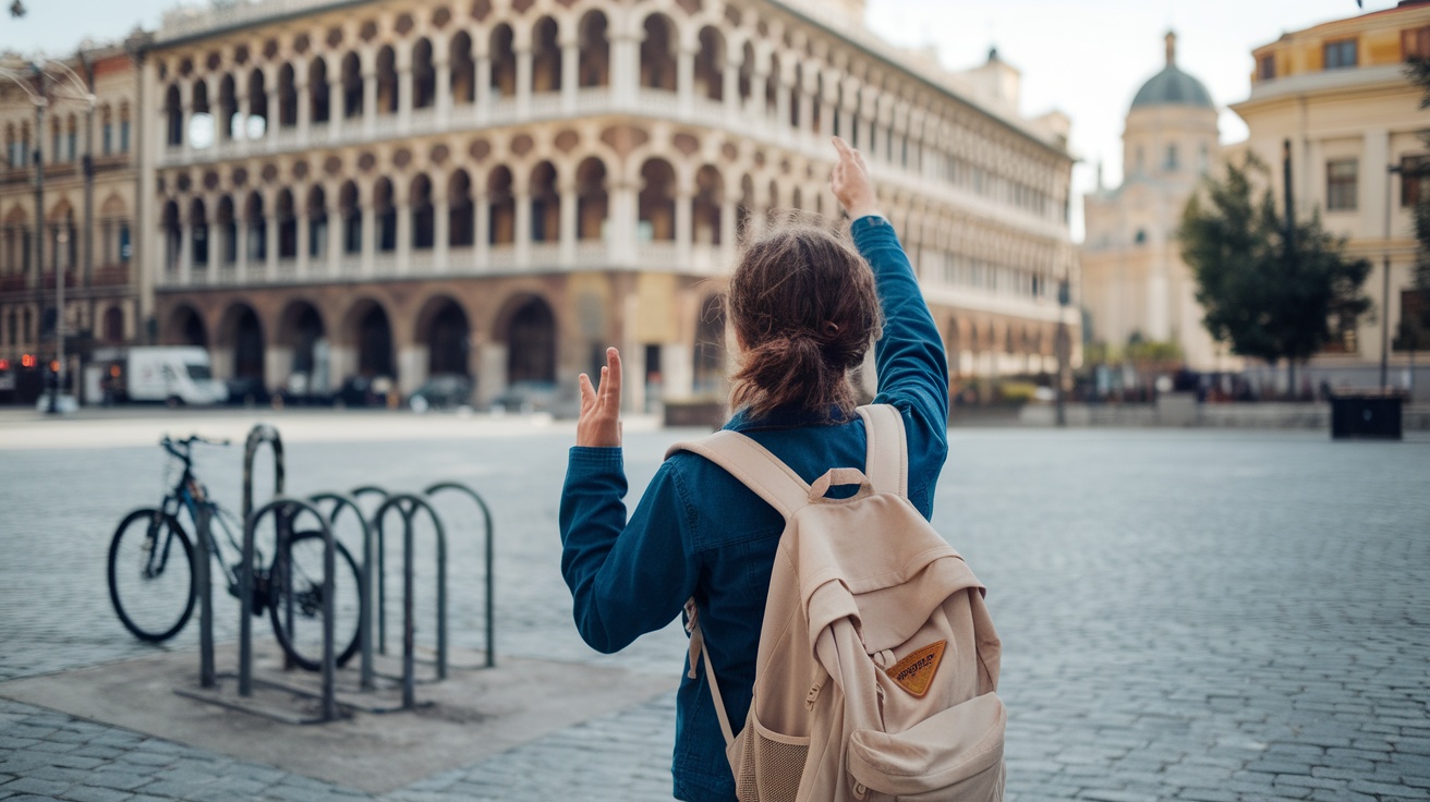 A person with a backpack waving in a city square, representing the theme of travel and adapting to change.