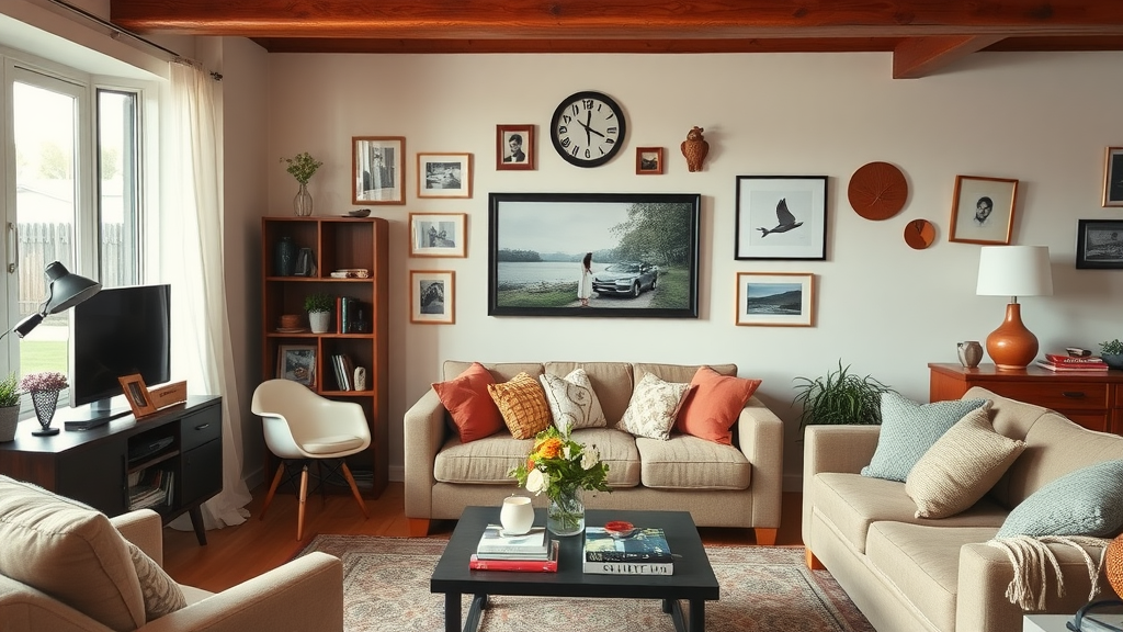 Cozy living room with a gallery wall of photos and art, comfortable seating, and warm decor.