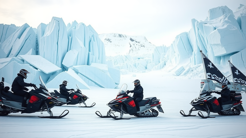 Snowmobiles on a snowy landscape with glaciers in the background.