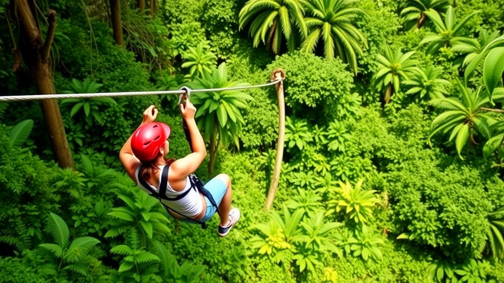 Two people ziplining through lush greenery in Samana, Dominican Republic.