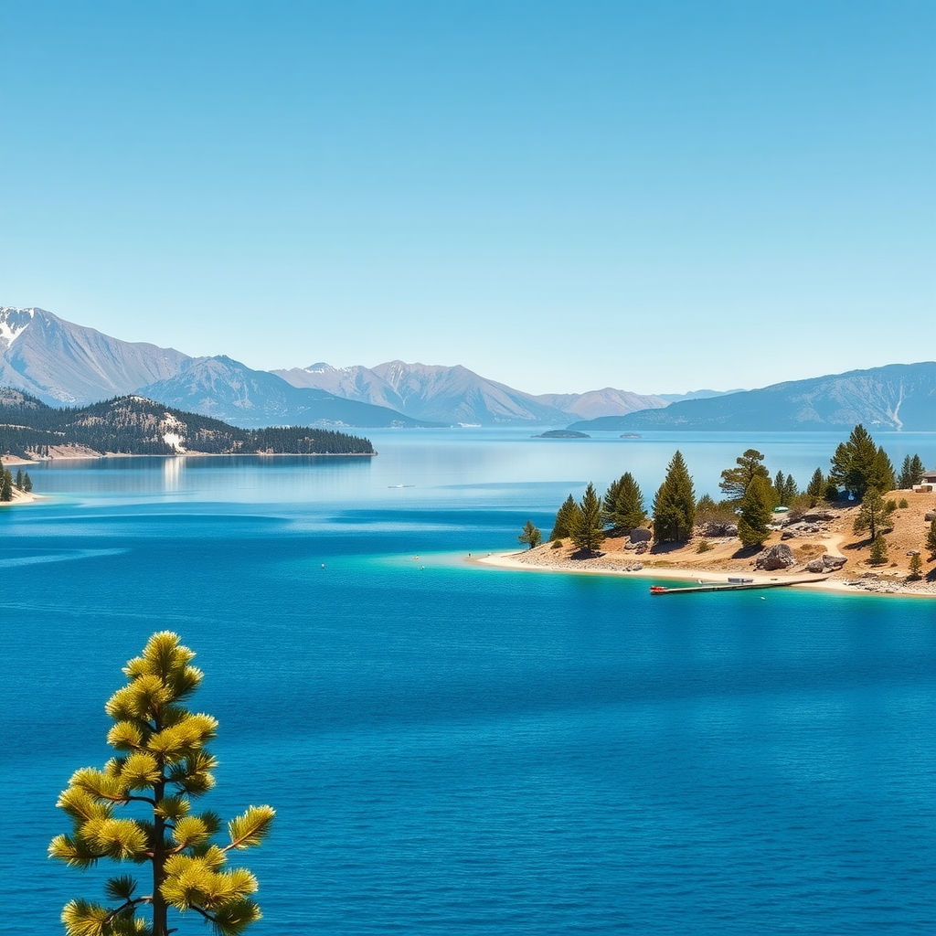 A beautiful view of Lake Tahoe featuring a clear blue lake surrounded by mountains and trees.