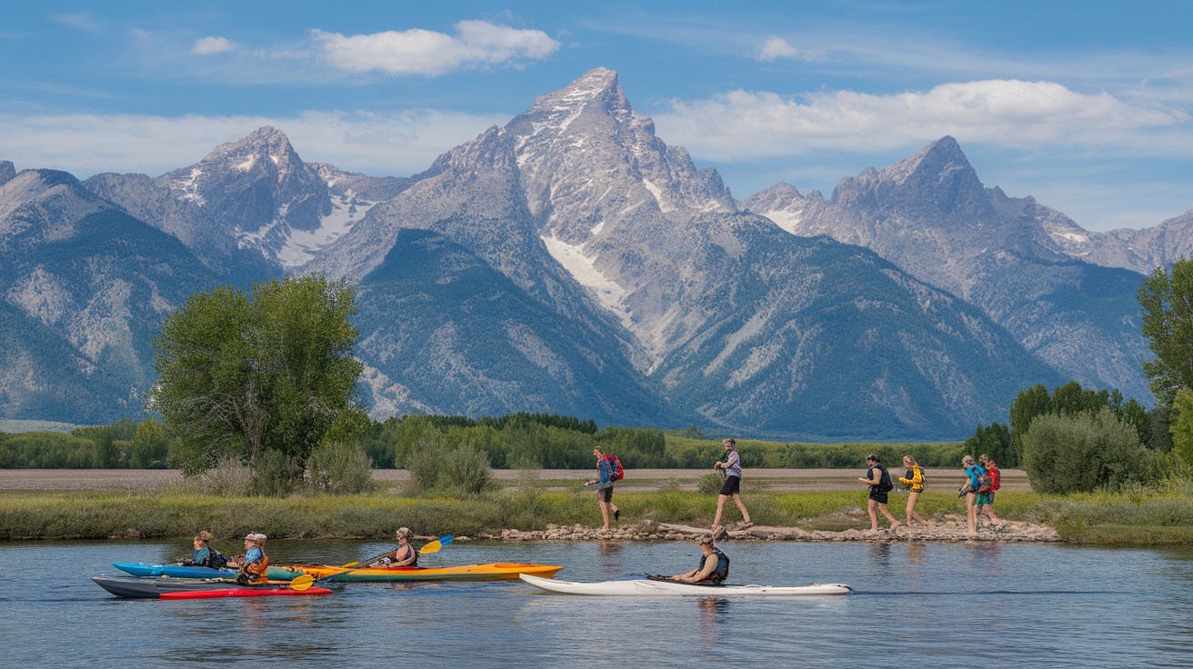 People kayaking and hiking in Jackson, Wyoming with mountains in the background.