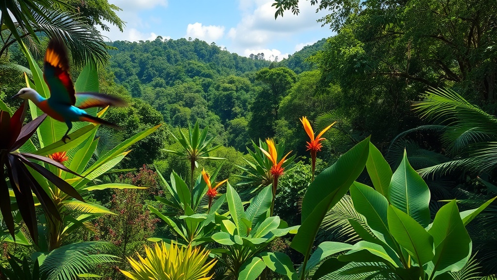 Lush green landscape of Costa Rica with vibrant plants and a colorful bird