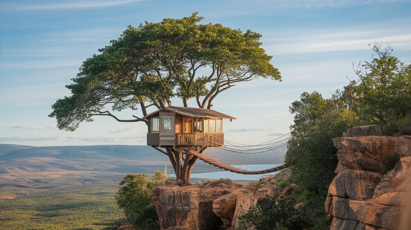 A treehouse near a cliff edge surrounded by scenic landscapes.