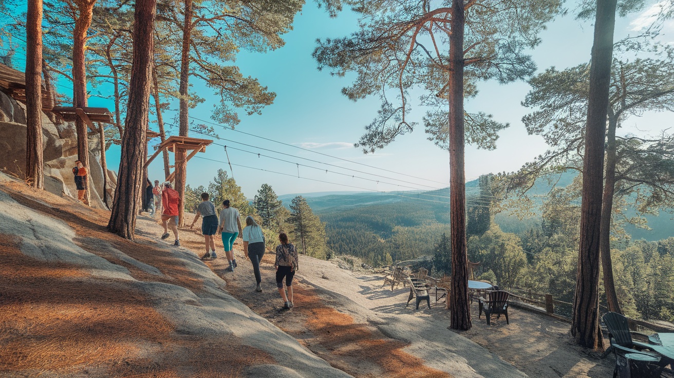 Group of friends hiking on a scenic trail in a mountainous landscape.