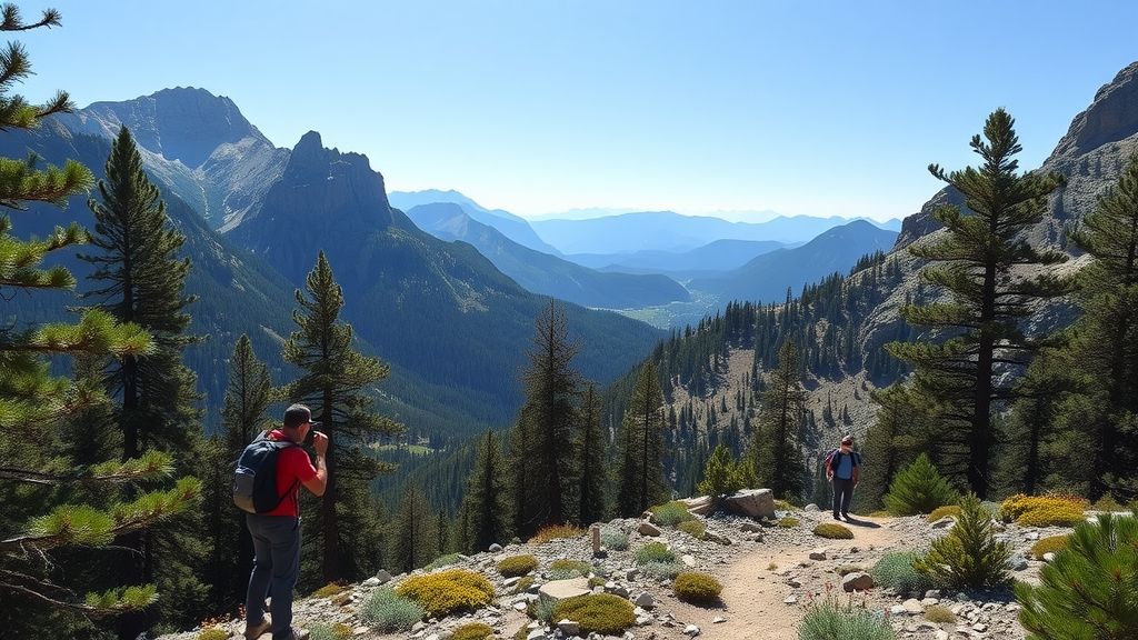 Two hikers enjoying a scenic view of the Rocky Mountains