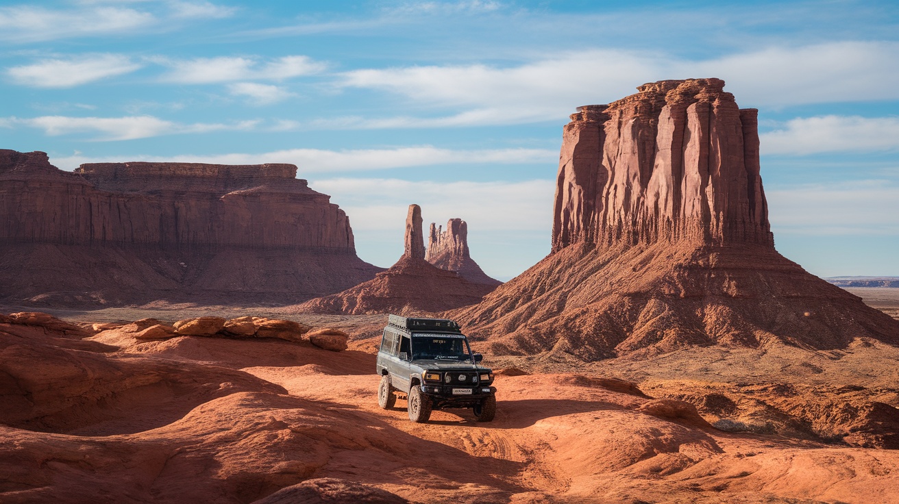 A vehicle driving through the unique landscapes of Monument Valley with towering red rock formations.