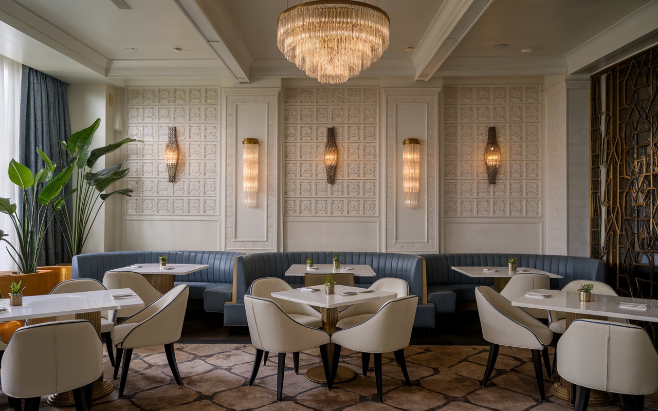 Cozy dining area at Evelyn Hotel with art-deco design, plush seating, and elegant decor.