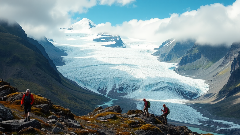 A stunning view of Alaska's glaciers and mountains with a person standing in front of the text 'ALASKA'.